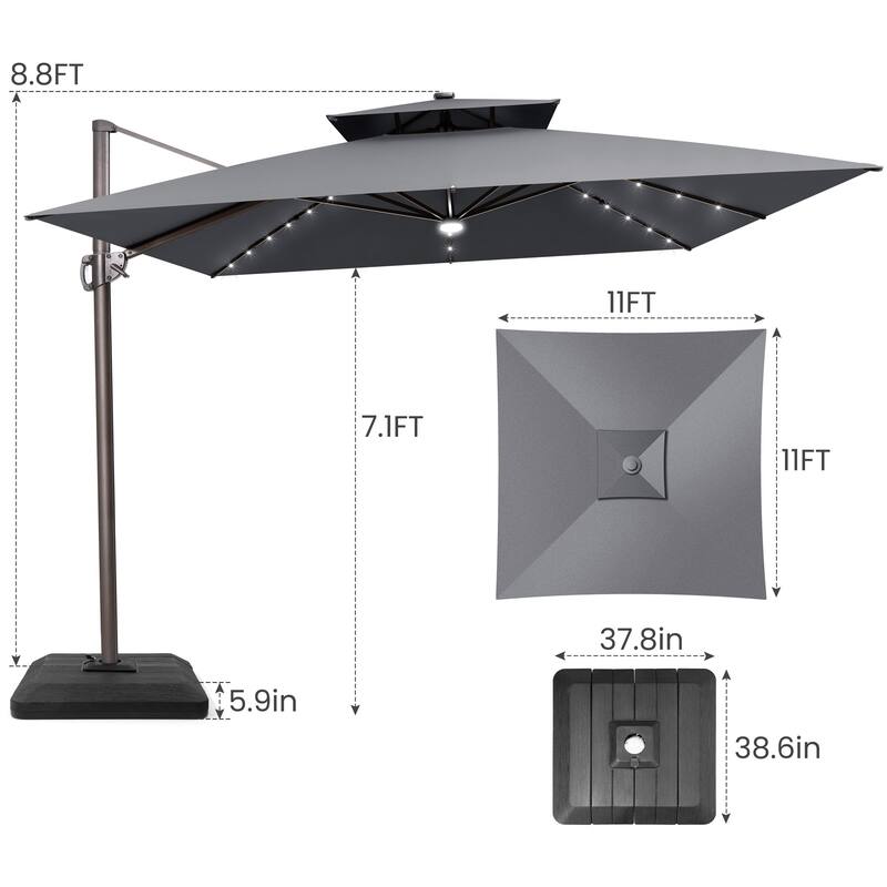 Solar-Powered LED Light 11 FT Aluminum Patio Cantilever Umbrella with Base