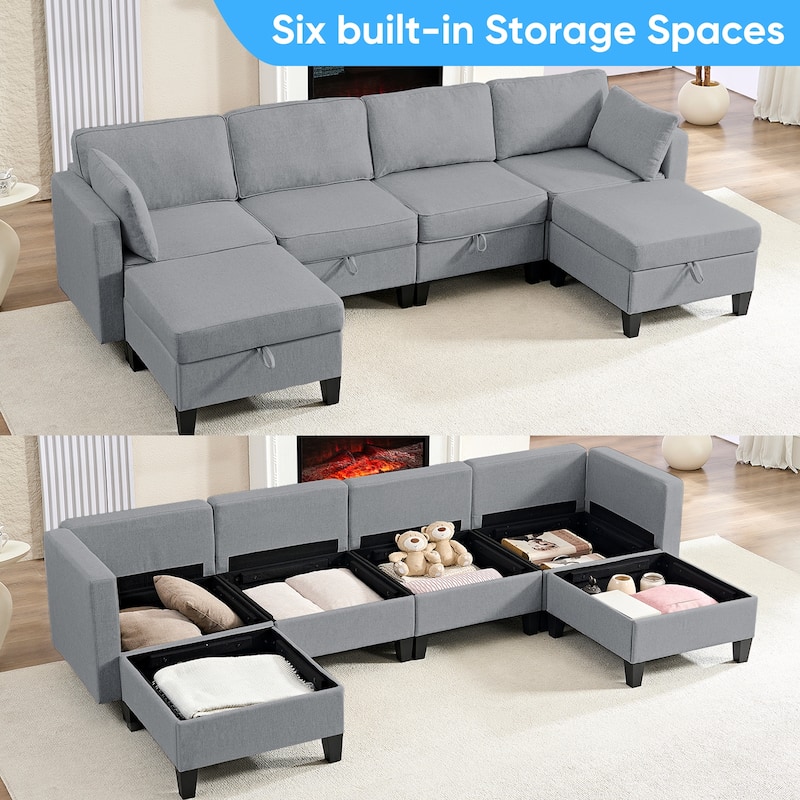 Mixoy Flexible Combination Reversible 4-Seater Modular Sofa with Ottomans,Linen Convertible Sleeper Sofa Bed with Storage Space