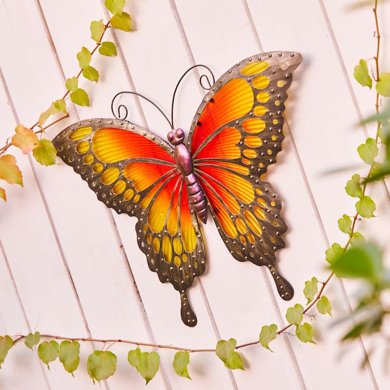 Orange and Yellow Butterfly Metal and Glass Outdoor Wall Decor
