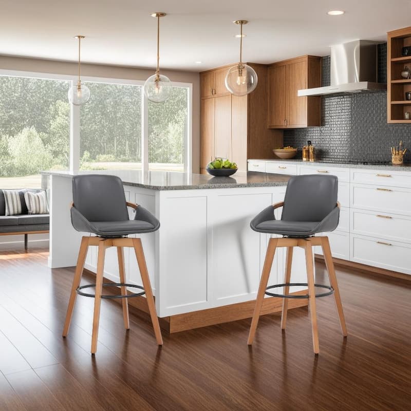 Baylor Mid-Century Swivel Bar Stool, Upholstered Counter Height Chair with Wood Frame - Grey & Walnut - Counter Height