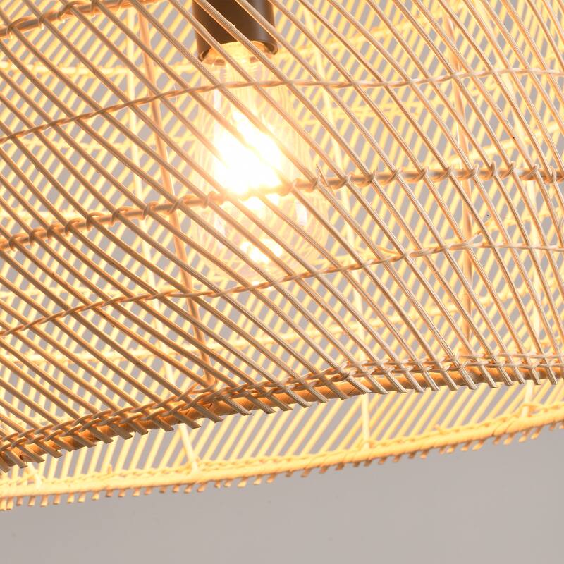 1-Light Coastal Style Brown Hand-Woven Rattan Cloche Hanging Pendant Light - 15.7" W x 62.9" H