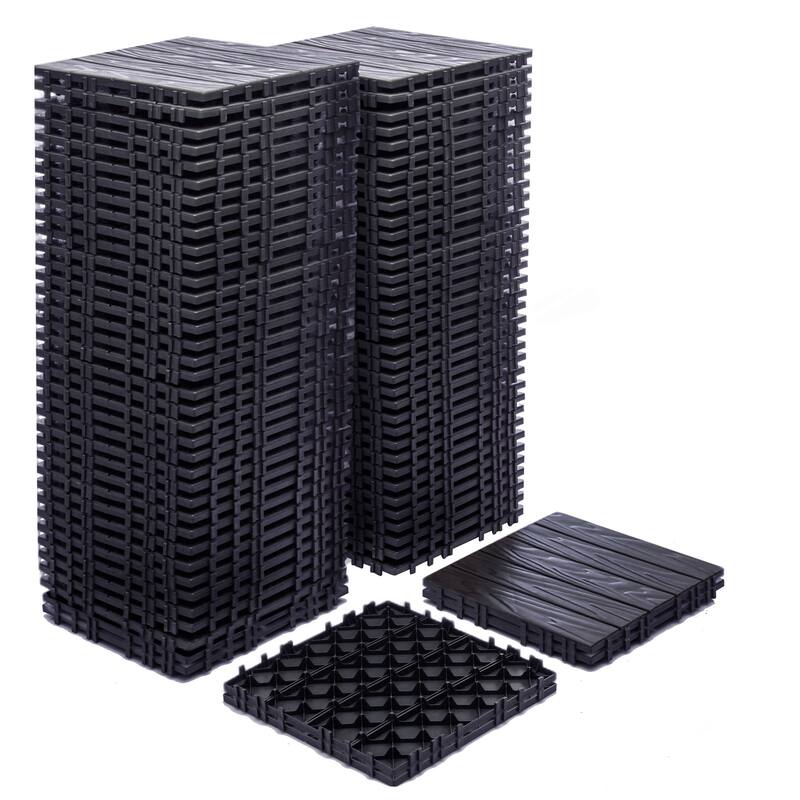 76-Pack 11.42"x11.42"Interlocking Deck Tiles -68.80 Sq.Ft 3D Wood Grain Plastic Flooring,Waterproof & Moisture-Proof Tiles - Black Brown