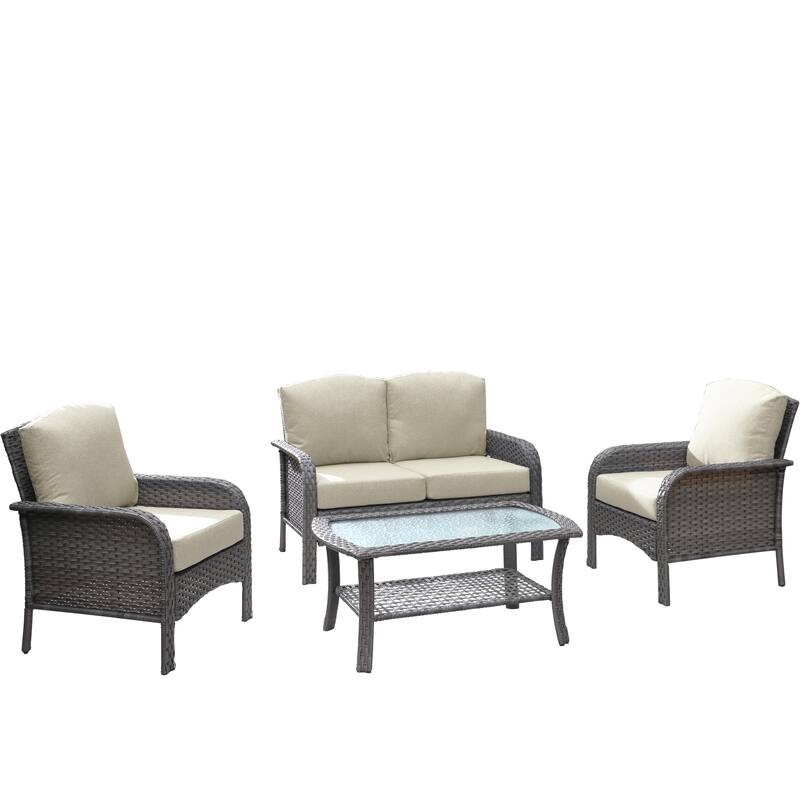 HOOOWOOO 4-piece Wicker Outdoor Conversation Set with Glass Coffee Table