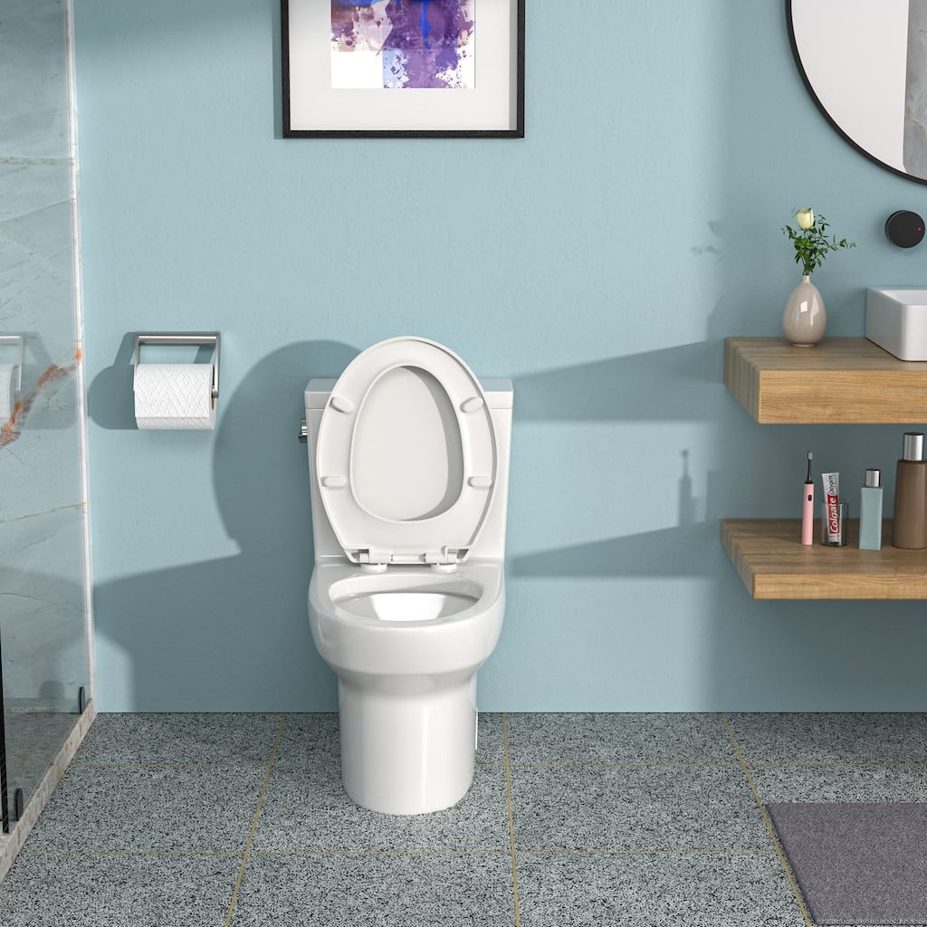 1-piece 1.28 GPF Single Flush Elongated Toilet in White Seat Included - 30" x 16" x 29"