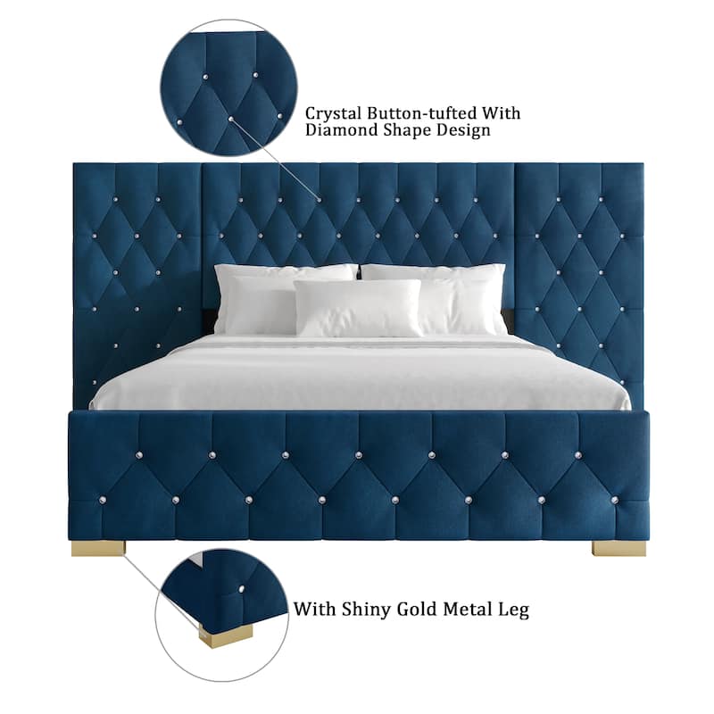CraftPorch Luxurious Velvet Tufted Platform Bed with Wall Panels