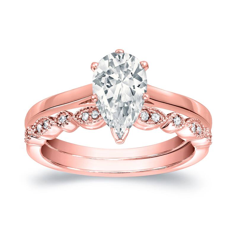 Auriya 14k Gold 1ctw Vintage Pear Shape Solitaire Diamond Engagement Ring Set - Rose - 5.5
