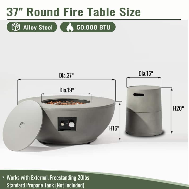 2-Pieces 36" Propane Gas Fire Pit Table 50000 BTU Round Steel Fire Pit