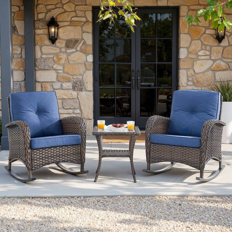 PlainCurve 3-Piece Wicker Outdoor Patio Conversation Set with Rocking Chairs and Olefin Cushions - Navy Blue Cushions - Brown Wicker
