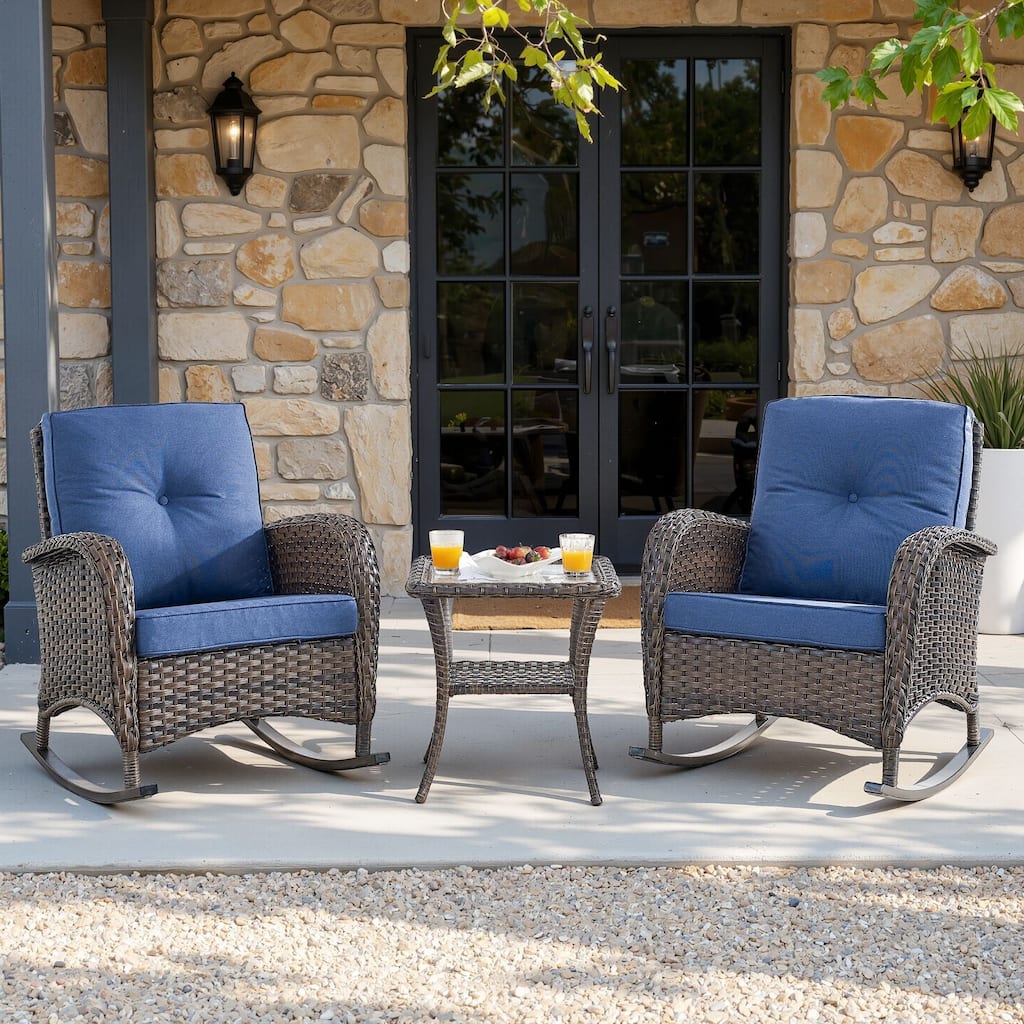PlainCurve 3-Piece Wicker Outdoor Patio Conversation Set with Rocking Chairs and Olefin Cushions