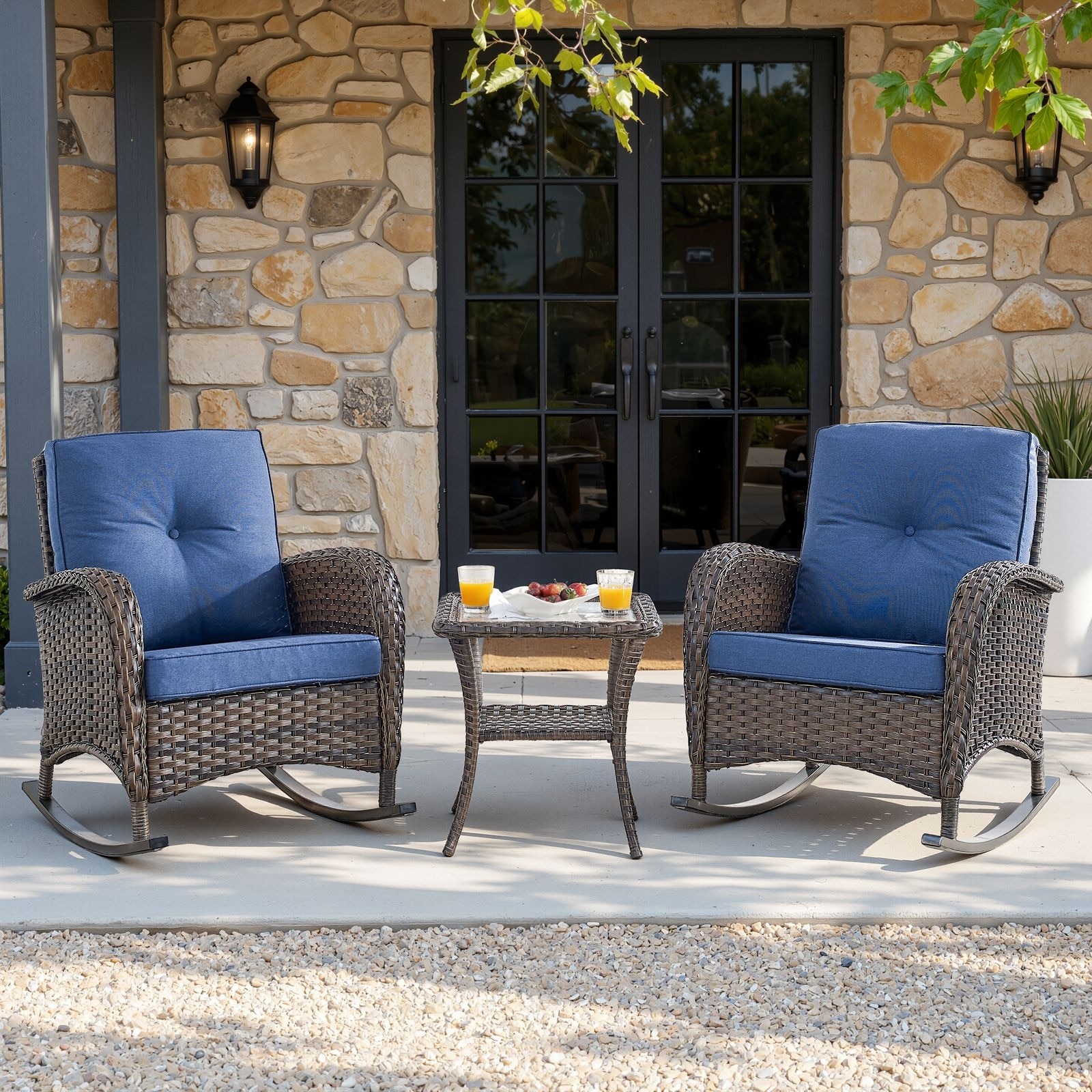 Meyreso 3-Piece Wicker Outdoor Patio Conversation Set with Rocking Chairs and Olefin Cushions