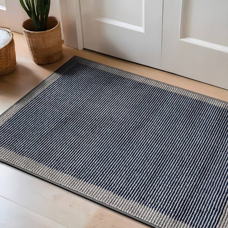 Modern Geometric Stripe Bordered Area Rug for Living Room, Bedroom, or Entryway - Low Pile Indoor Rug - Navy - 2' x 3'
