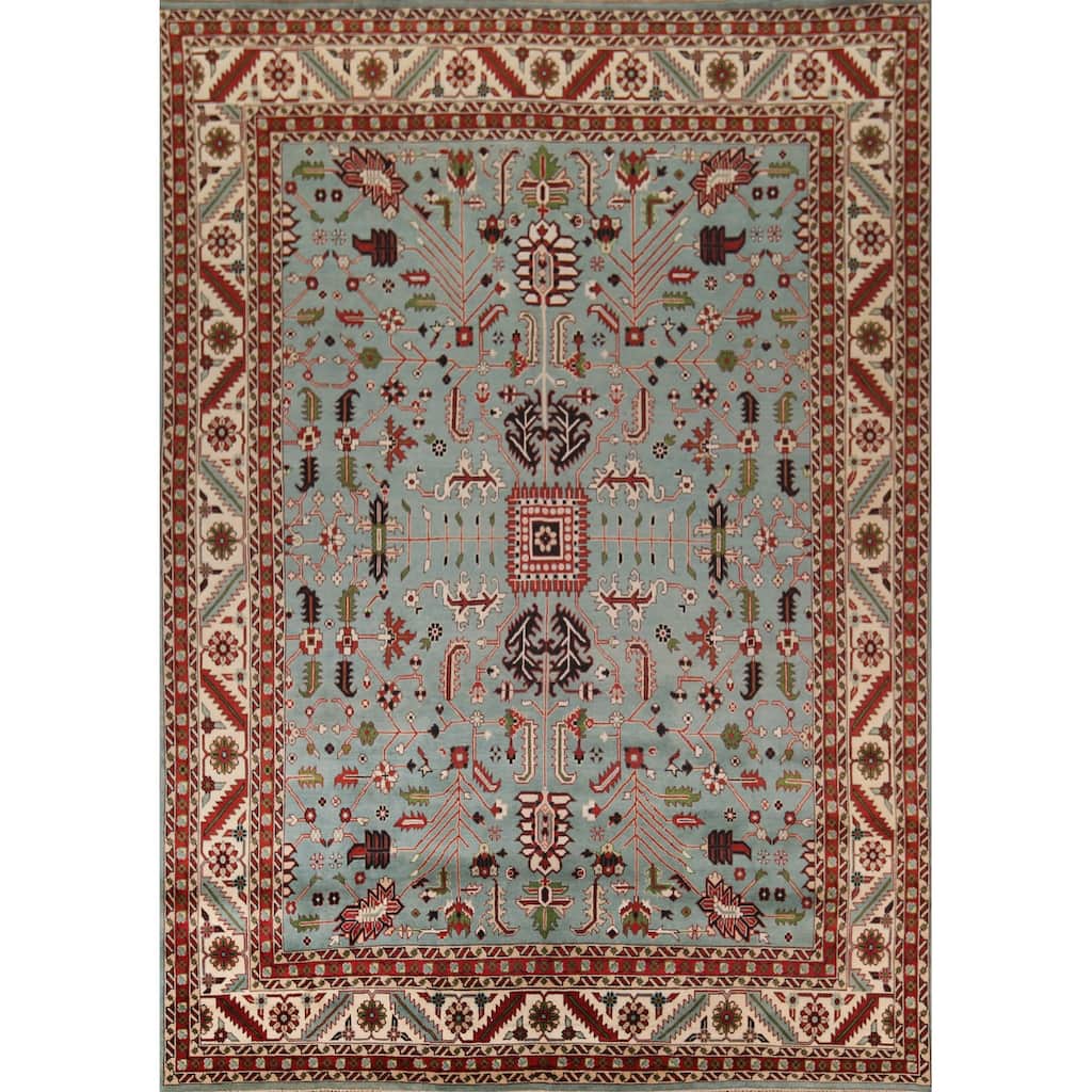 Light Blue & Ivory Oushak Indian Large Rug Hand-Knotted Wool Carpet - 11'11"x 14'3"
