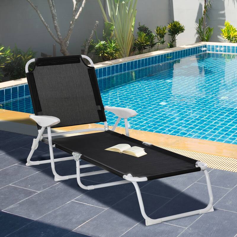 Folding Outdoor Chaise Lounge Chair with 4-Position Adjustable Backrest and Armrests for Beach Poolside or Patio