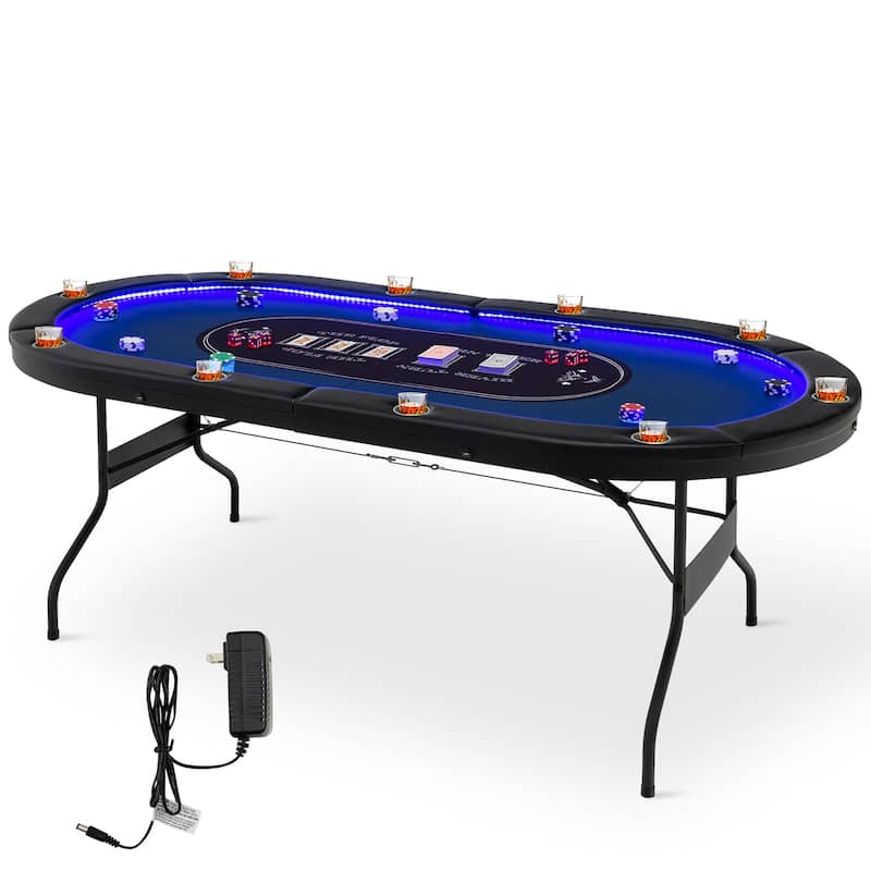 Costway Foldable 10 Player Poker Table Casino Texas Holdem with LED - See Details - Blue