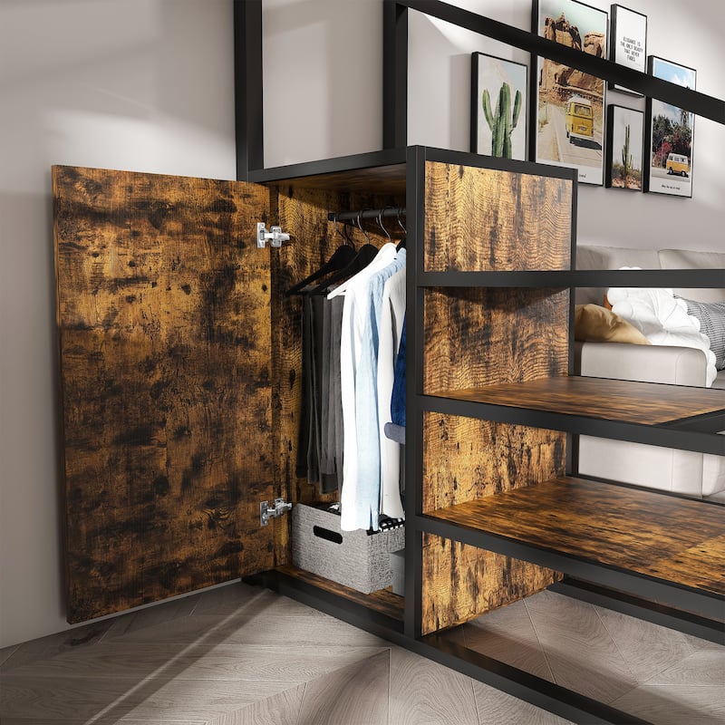 Full-Size Loft Bed with Desk & Wardrobe, Metal Frame with Built-In Staircase, Storage Shelves, USB & Outlet