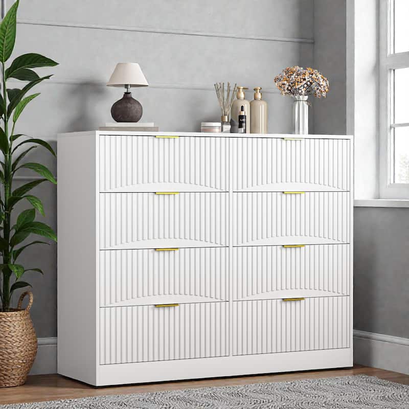 Modern 8 Drawer Dresser with Gold Metal Handles, 47.2 Inch Wide Wood Chest of Drawers for Bedroom Living Room
