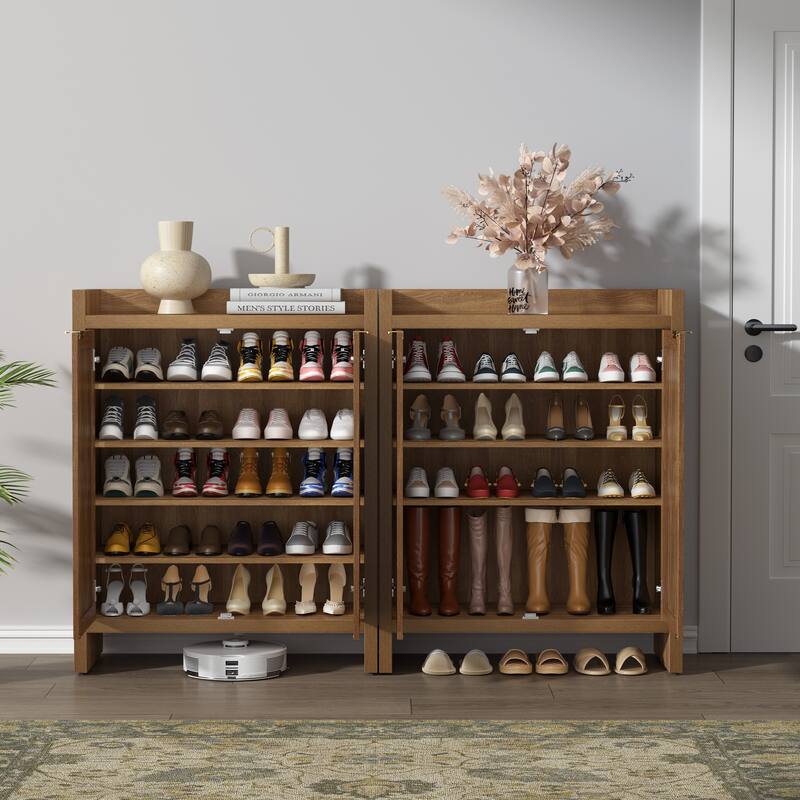SICOTAS Rattan Shoe Cabinet for Entryway, 6-Tier Shoe Rack with Doors and Adjustable Shelves