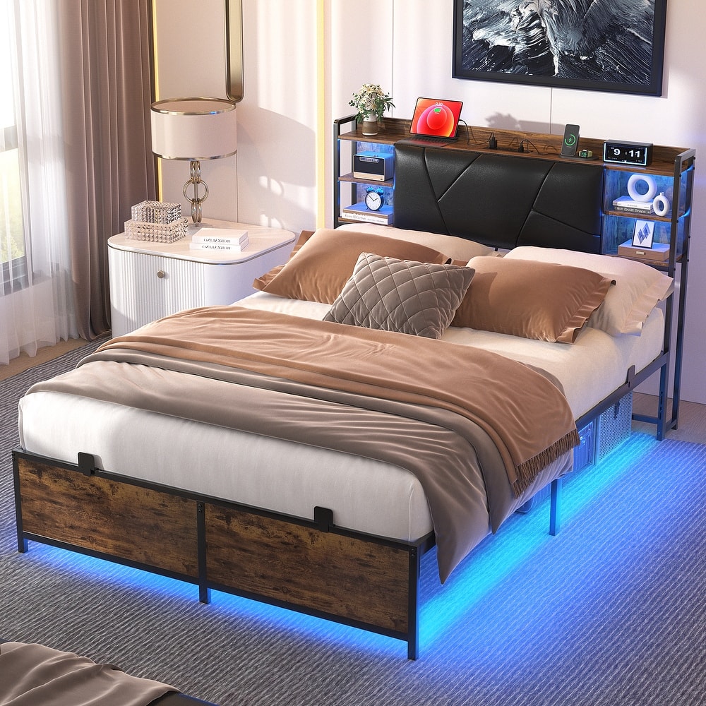 Bed Frame with Upholstered Storage Headboard,Matel Platform Bed with Charging Station and RGB LED Lights,Easy Assembly