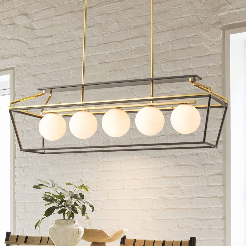 5-Light Modern Linear Chandelier in Matte Black and Brass Finish with Milky White Glass Globes for Dining Room or Kitchen Island - Black/Gold/White - 43.3 in. W x 13.8 in. H x 13.8 in. D