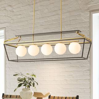 5-Light Modern Linear Chandelier in Matte Black and Brass Finish with Milky White Glass Globes for Dining Room or Kitchen Island