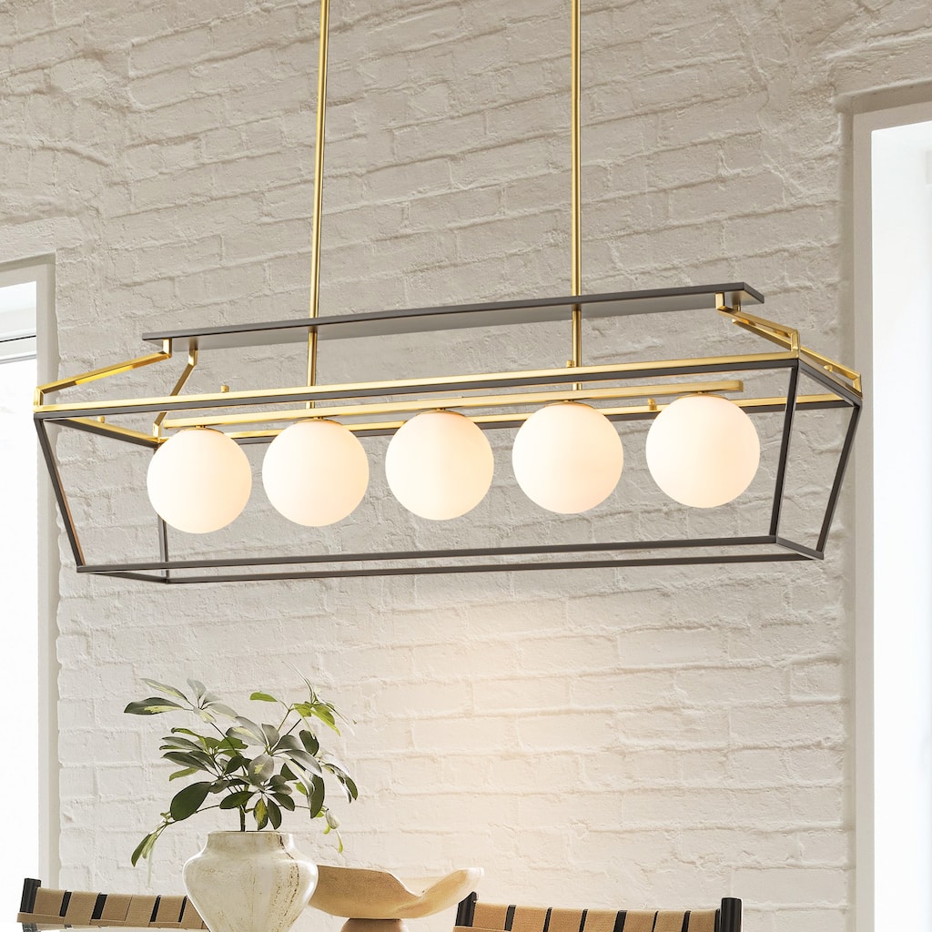 5-Light Modern Linear Chandelier in Matte Black and Brass Finish with Milky White Glass Globes for Dining Room or Kitchen Island