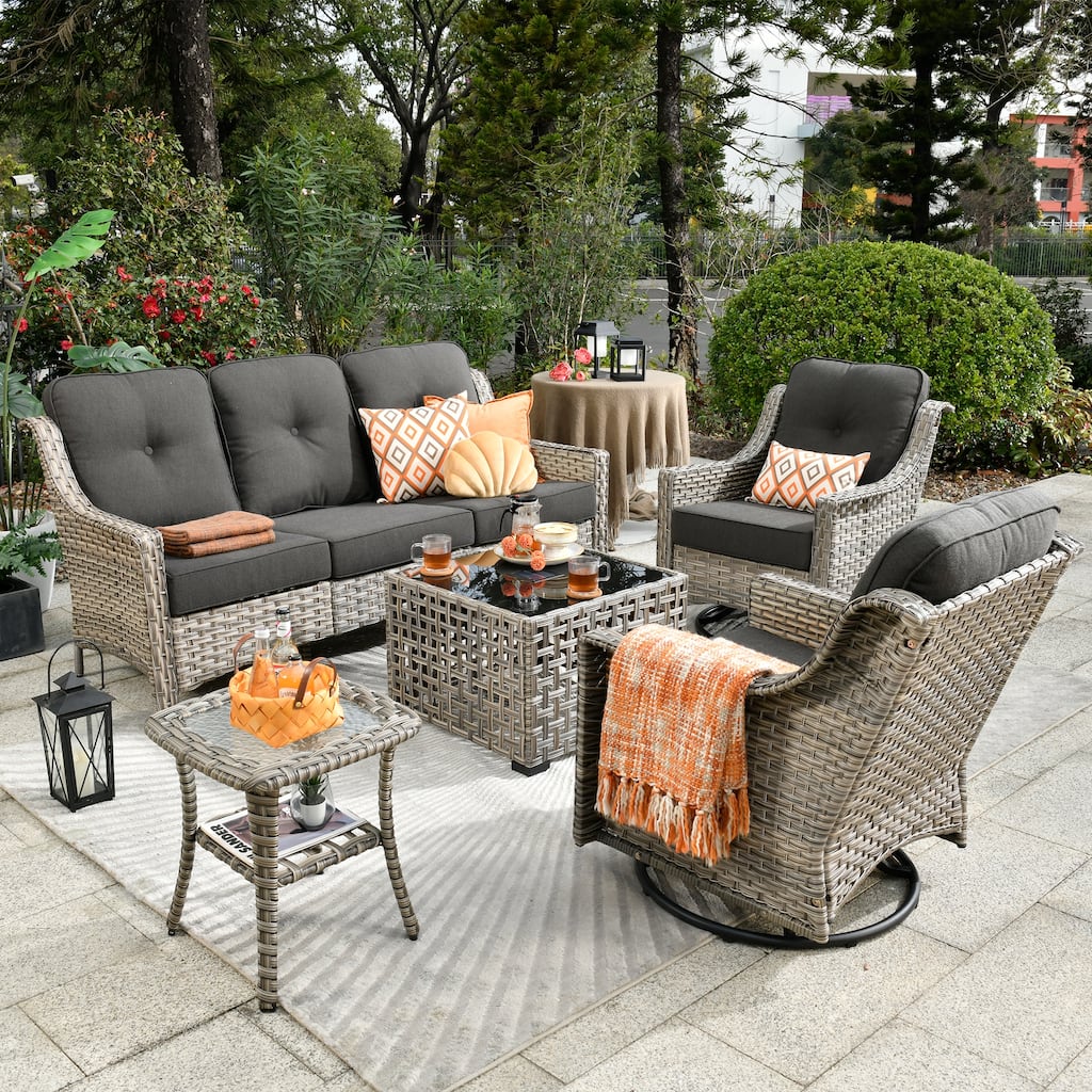 OVIOS 5 Pieces Outdoor Wicker Swivel Chair Set With Solar-Powered Table