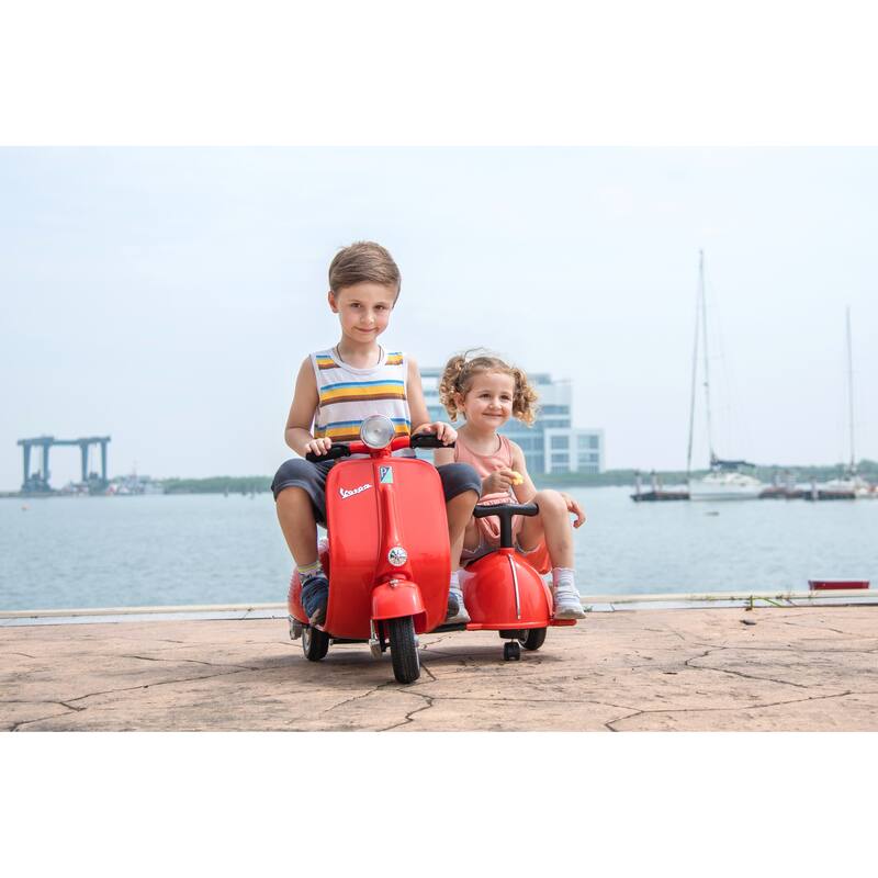 Vespa 6V Ride-On Motorcycle with Sidecar, Stylish Kids Electric Scooter Toy for Siblings, Safe and Fun for Boys and Girls