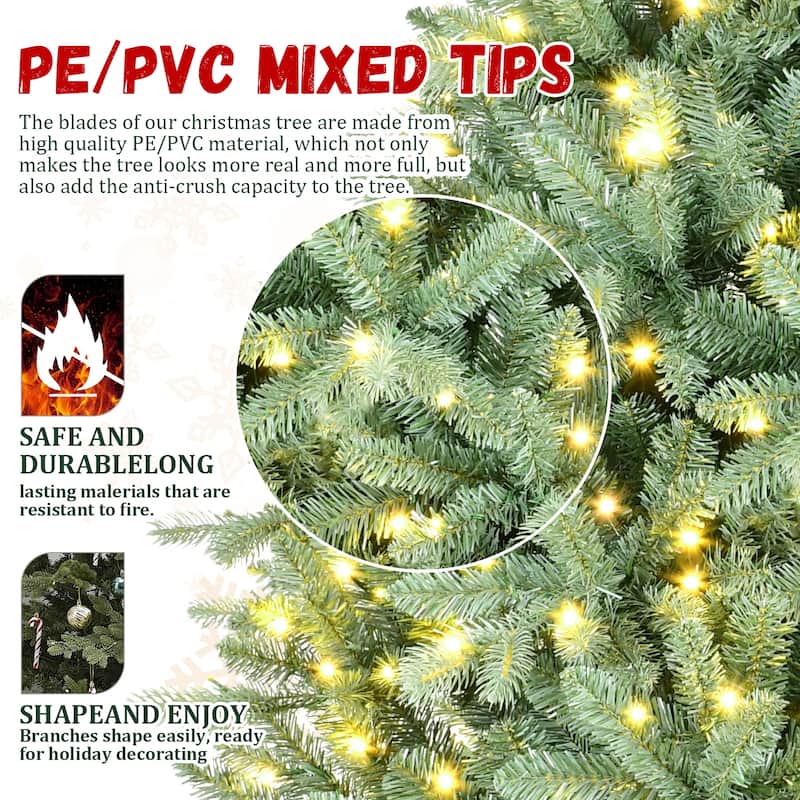 8FT Blue Pre-Lit Christmas Tree with 900 Warm White LED Lights-3308 PE+PVC Tips, Hinged Branches for Easy Setup