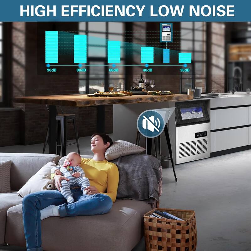 Commercial Ice Maker Machine 110LBS/24H Stainless Steel Freestanding 28LBS Storage Capacity Self-Cleaning 2 Water Inlet Modes