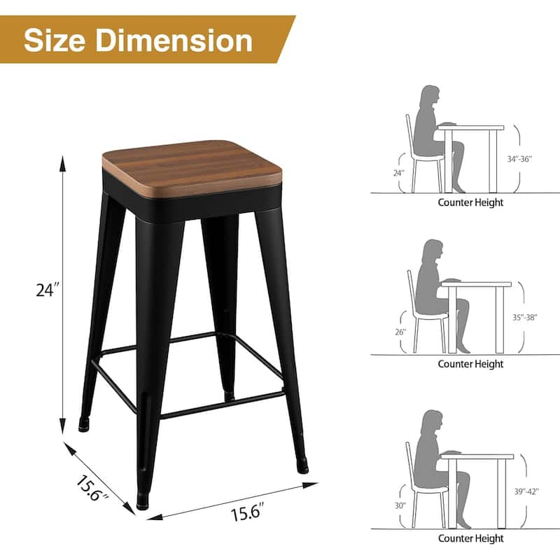 Counter Stools with Metal Frame Backless Counter Height Bar stools 24" Seat Height Kitchen Bar Furniture Stools with Wooden Seat