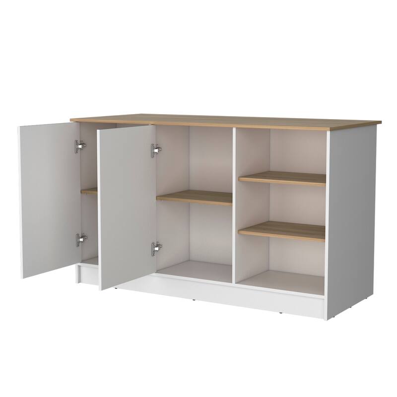 Gladiolus kitchen island in melamine, two doors, three open shelves