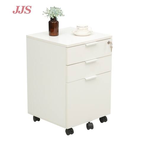 JJS 3-drawer Rolling Wood File Cabinet with Lock