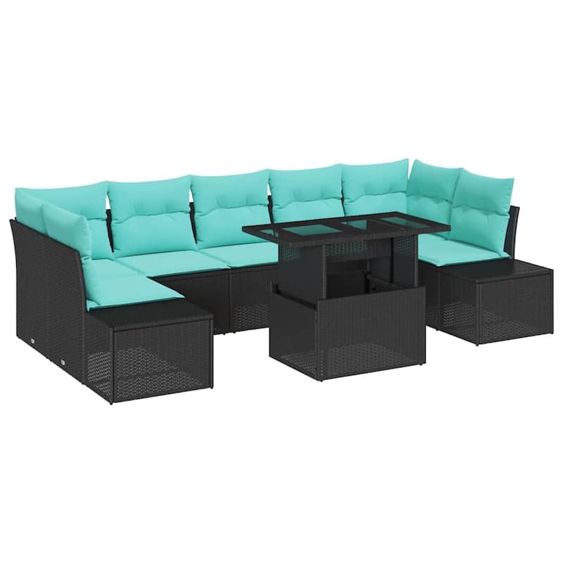 vidaXL 8 Piece Garden Sofa Set with Cushions Black Poly Rattan - 113.8×60.6×27.2