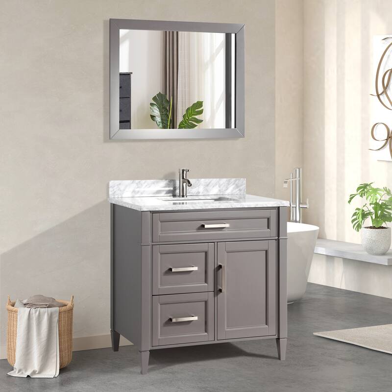 Vanity Art 36-Inch Single Sink Bathroom Vanity Set Carrara Marble Stone Top 3 Drawers 1 Shelf Undermount Sink with Free Mirror