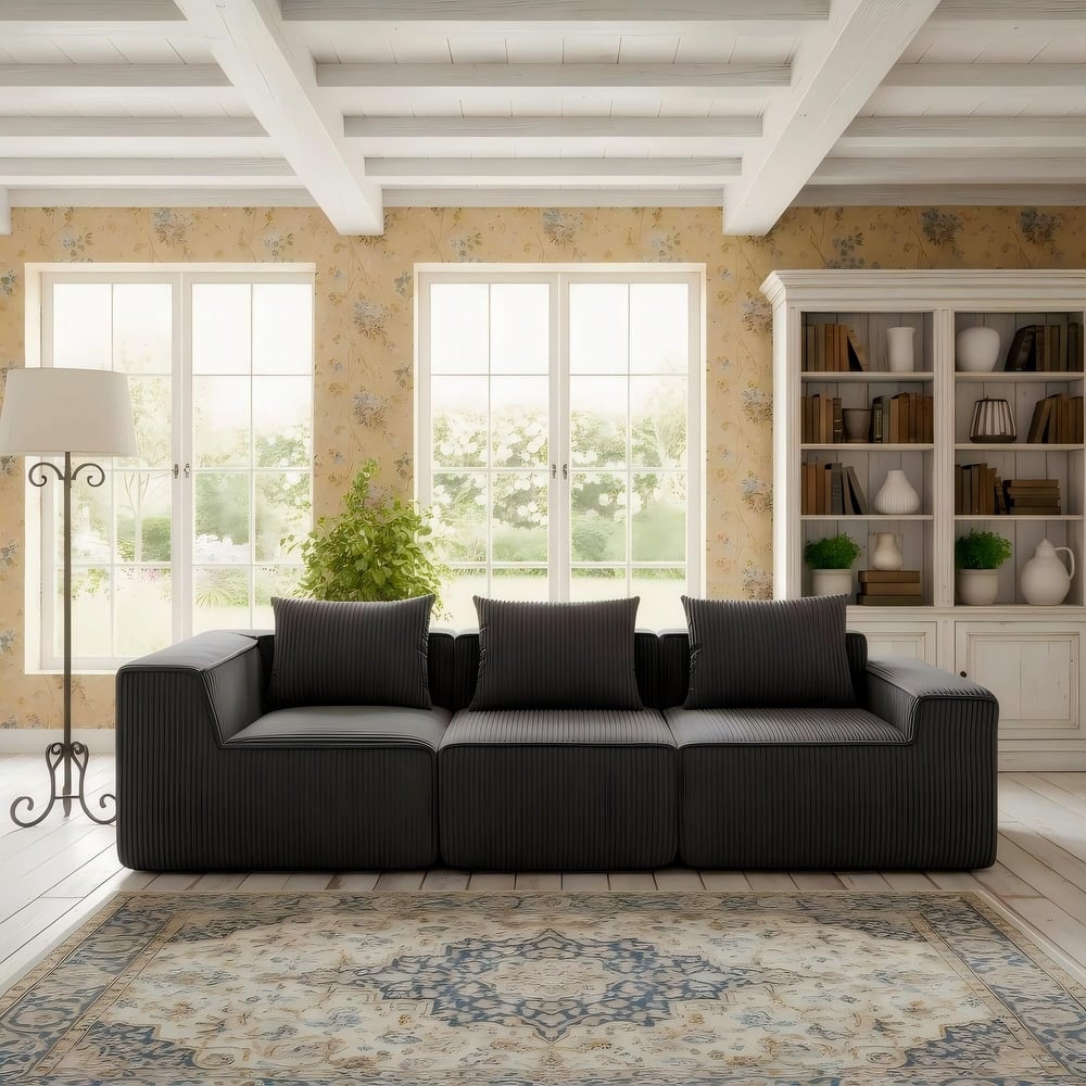 Modular Sectional Sofa with Pillows, Corduroy Upholstered 3-Seater Sofa, All-Compressed Foam Sofa for Living Room, Apartment