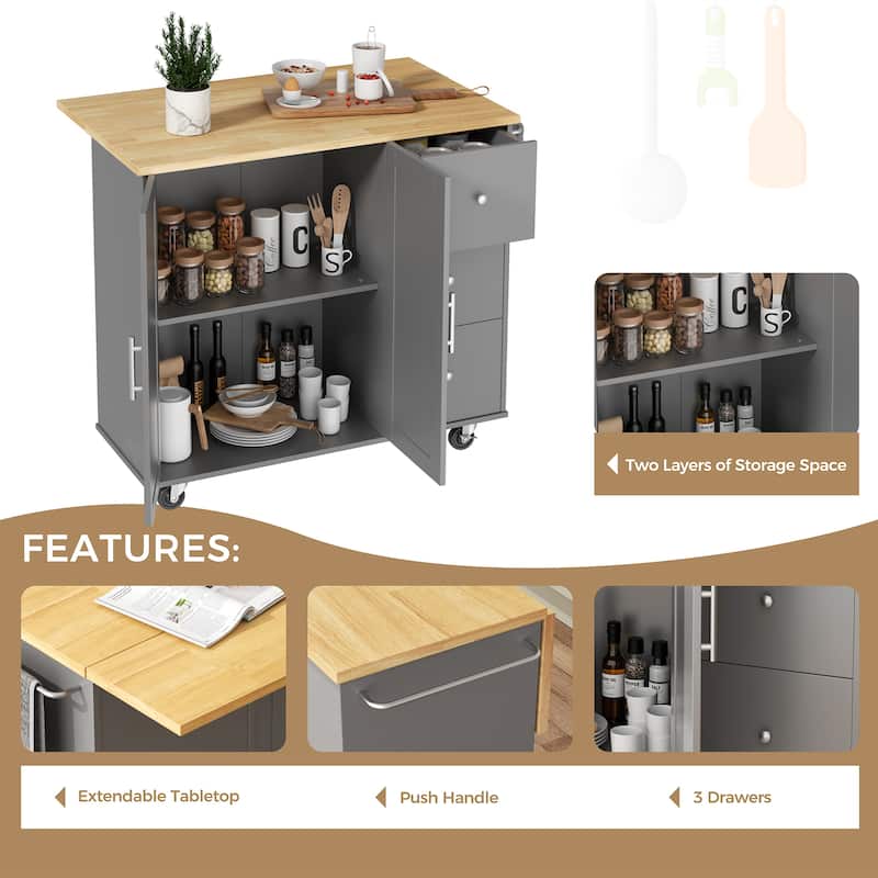 Rolling Kitchen Island with Storage Cabinet & 3 Drawers – Mobile Storage Cart with Extendable Countertop for Small Spaces