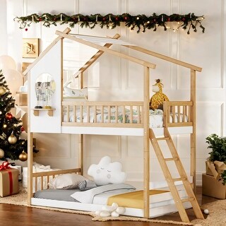 Playhouse-Inspired Style Twin Over Twin Bunk Bed Wood Bed with Roof, Window, Ladder