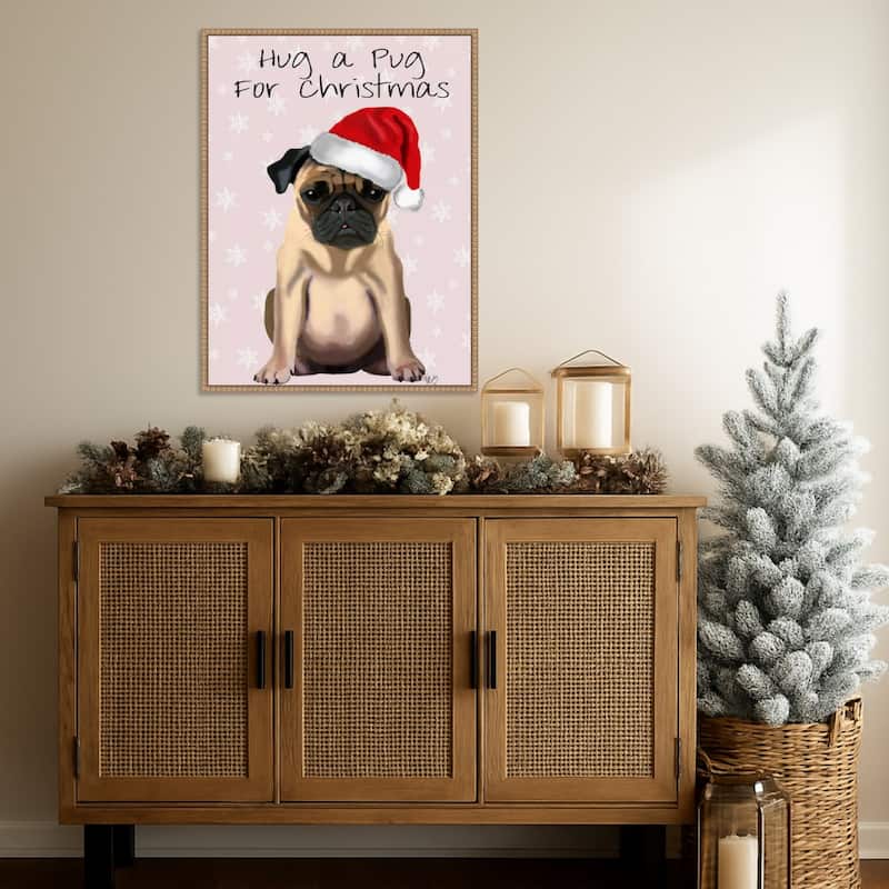 Hug a Pug by Fab Funky (23 x 30 in.), Framed Canvas Wall Art Print - Sylvie Beaded Rustic Natural