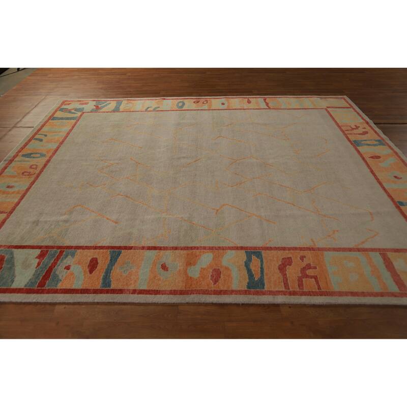 Hand Knotted Oriental 100% Wool Carpet Transitional Geometric Beige & Ivories Oushak Area Rug - 9' 1'' X 8' 0''