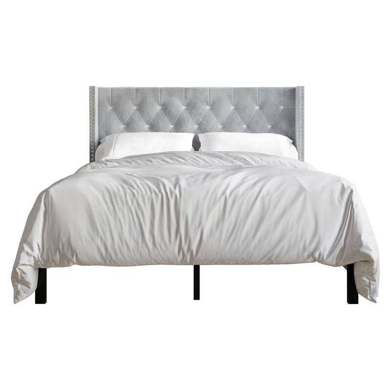 CraftPorch Luxurious Velvet Wingback Tufted Upholstered Bed - Silver Grey - Full