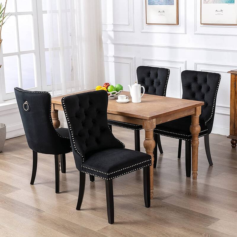 Set of 2 Velvet Dining Chairs – Tufted Upholstered Armless Accent Chairs with Nailhead Trim & Back Ring Pull