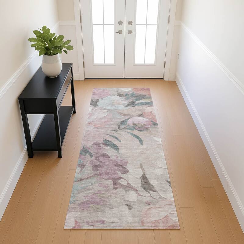 Machine Washable Indoor/ Outdoor Watercolor Floral Chantille Rug