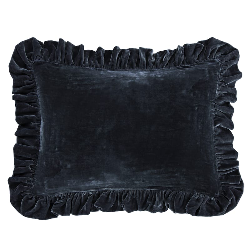 HiEnd Accents Stella Faux Silk Velvet Romantic Western Ruffled Dutch Euro Pillow, 27x39 inch - Midnight Blue