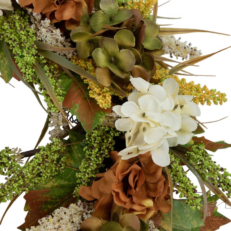 White Orange Hydrangea Artificial Fall Harvest Twig Wreath, 28", Unlit