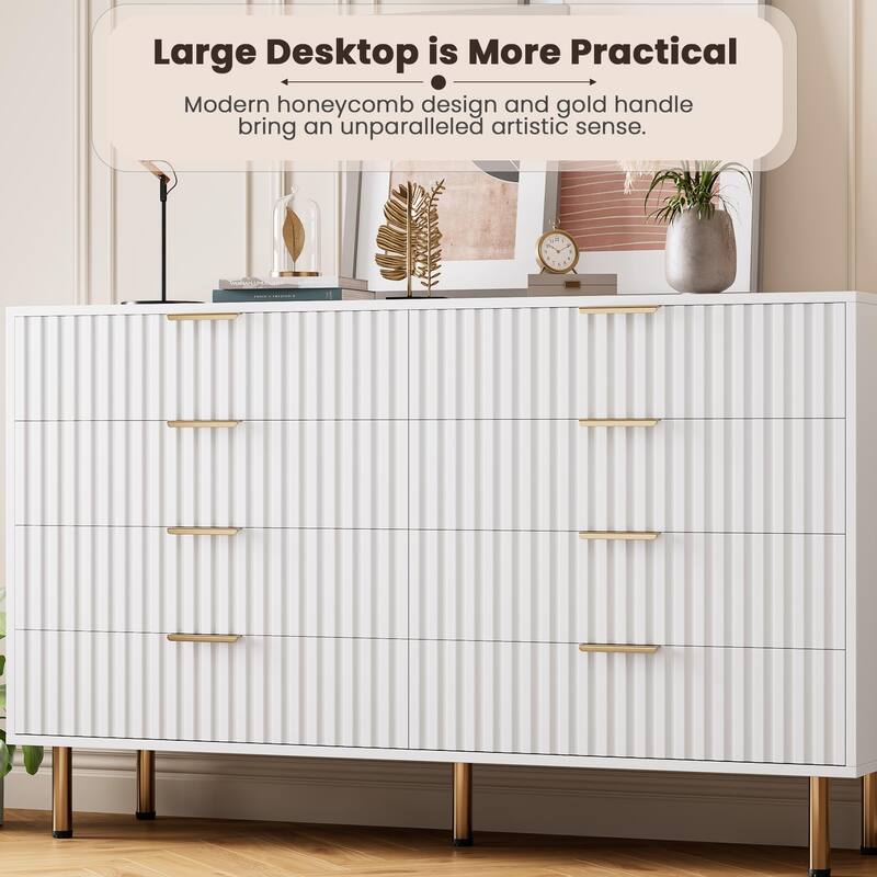 8 Drawer Fluted Dresser for Bedroom, Wide Modern Chest of Drawers, Long Double Dresser