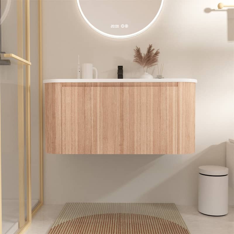 36" Wall Mounted Bathroom Vanity with Sink Curved Design, Soft Close Drawer