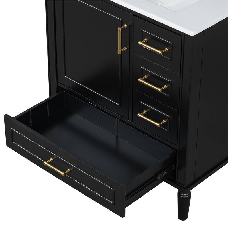 Traditional 30" Bathroom Vanity with Ceramic Sink, Freestanding Bathroom Vanity Cabinet with 3 Drawers and 1 Soft Close Door
