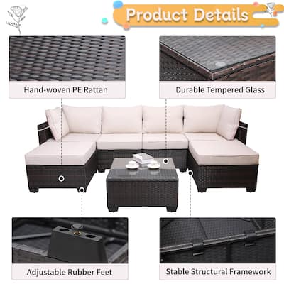 Outdoor Garden Patio Furniture 7-Piece PE Rattan Wicker Cushioned Sofa Sets with 2 Pillows and Coffee Table