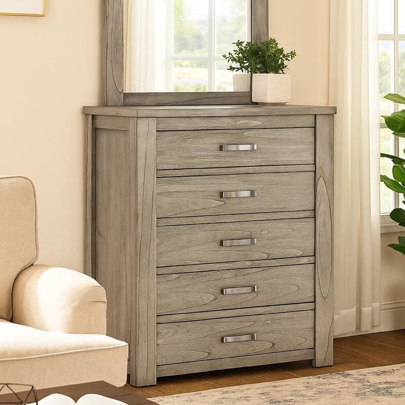 Yuna 52 Inch 5 Drawer Tall Dresser Chest, Bar Handles, Wood Grain Gray