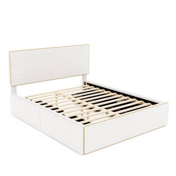 Full Size Upholstered Platform Bed with 4 Drawers and Golden Edge